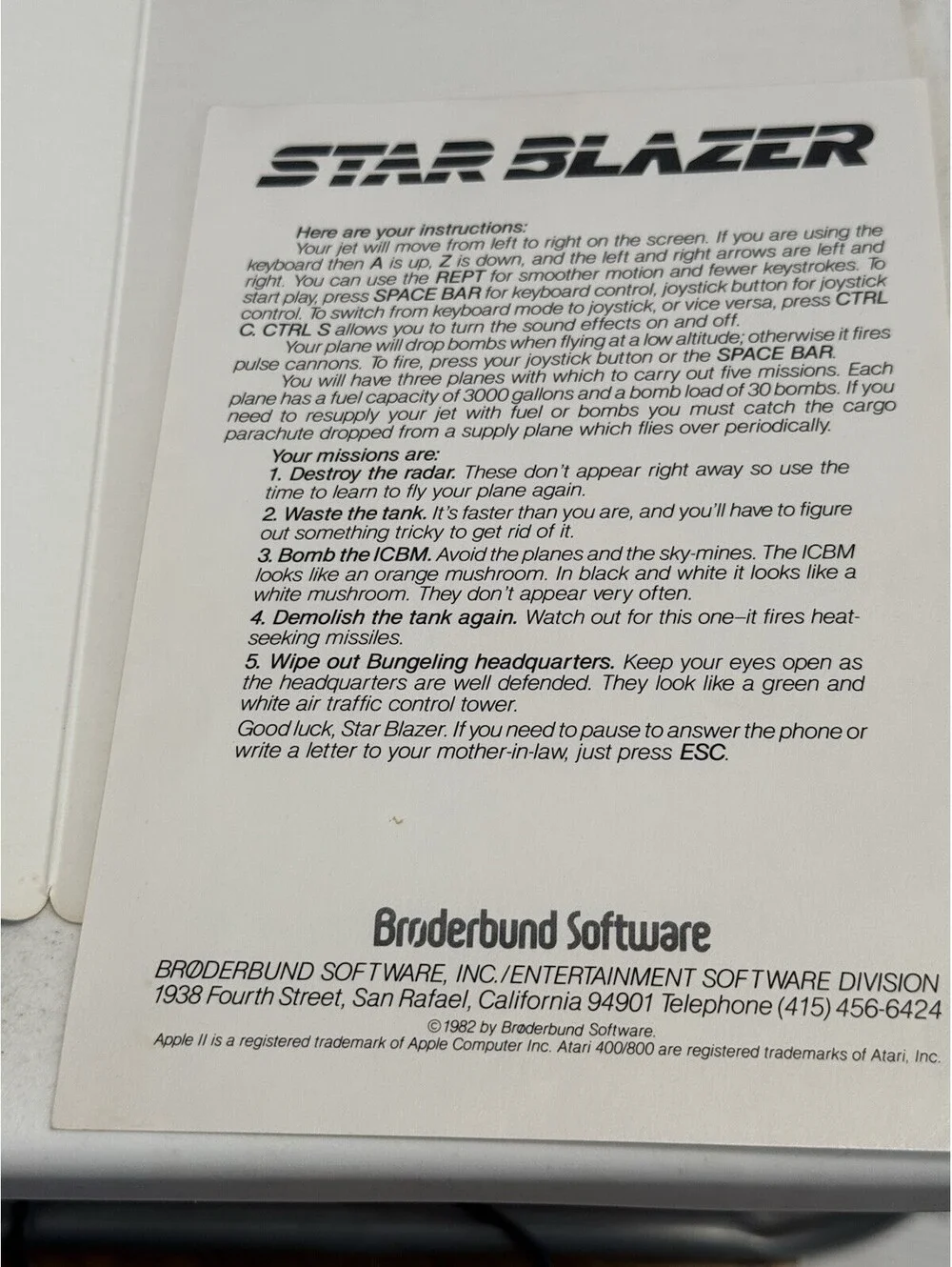 Star Blazer Broderbund Software Hi-Res Action Game for Apple II+ plus computers